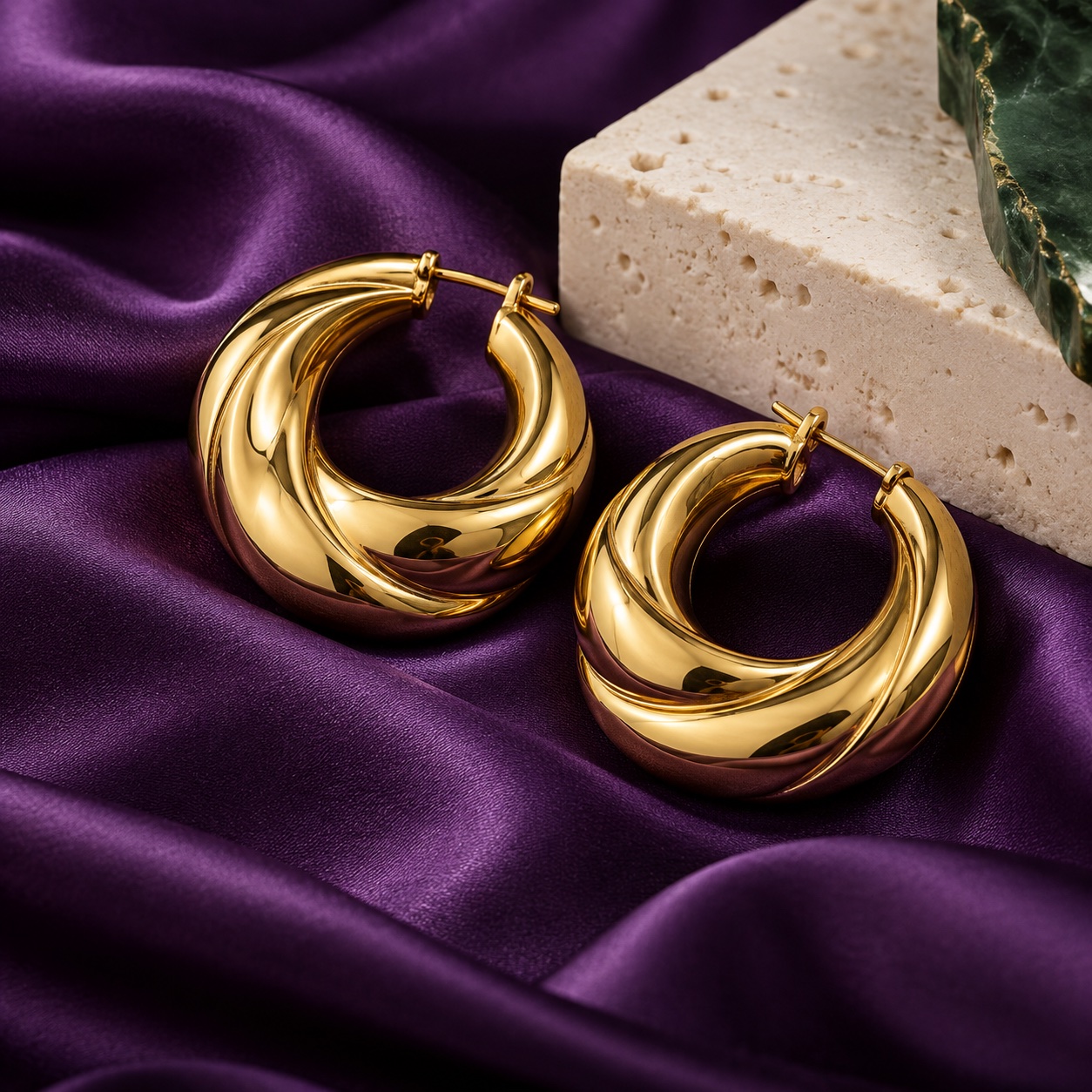 Realistic gold hoop earrings on rich purple silk