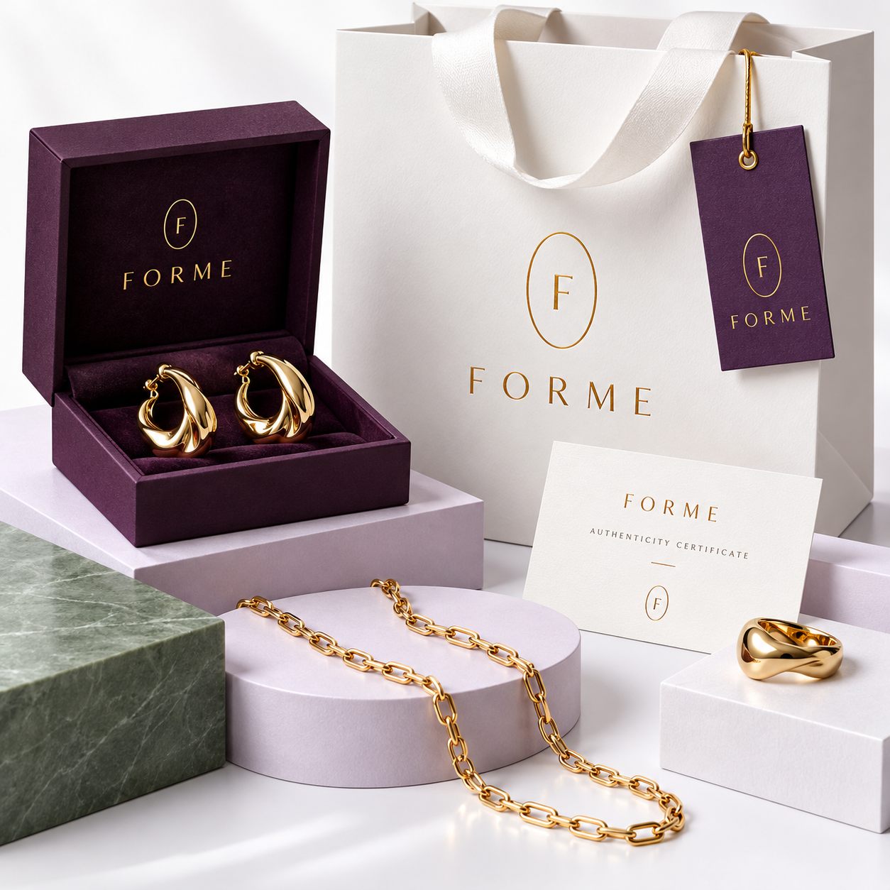 Purple and gold Forme packaging, jewellery and white brand collateral