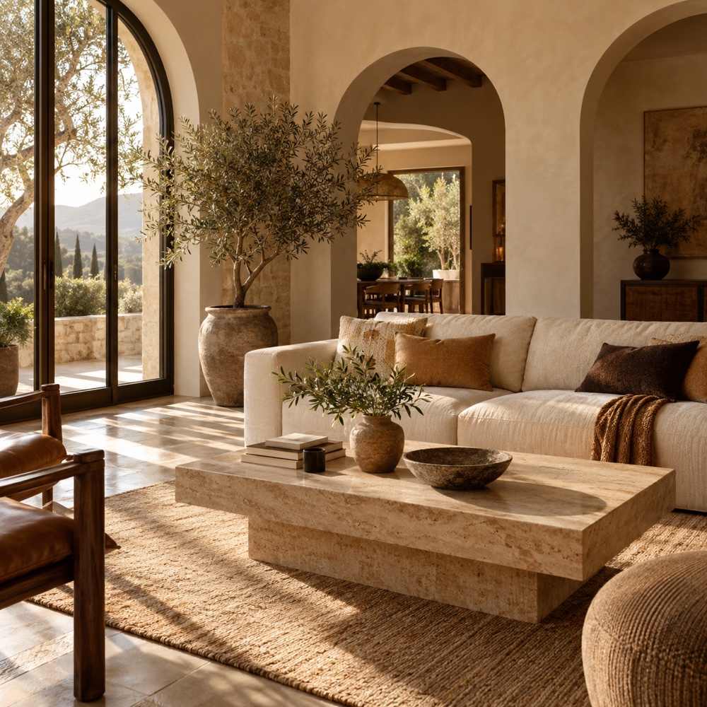 Refined living room architectural concept with natural finishes